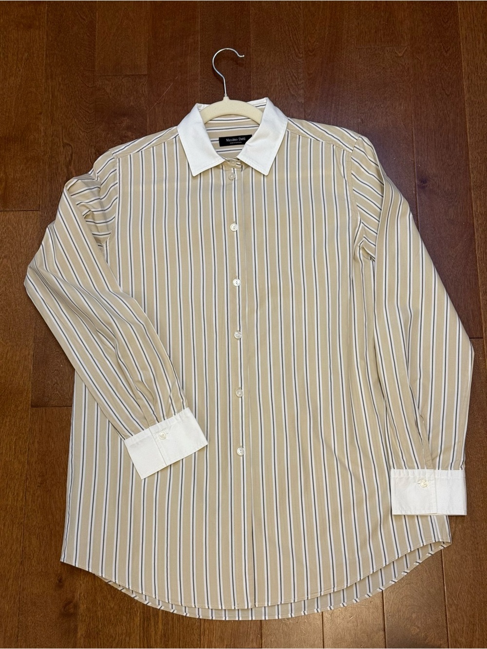 Massimo Dutti Beige and White Striped Button-Up Shirt with White Collar